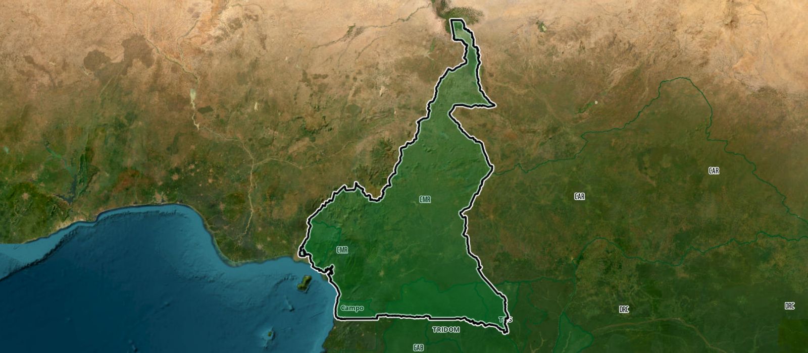 Cameroon highlighted on a satellite image of Central Africa