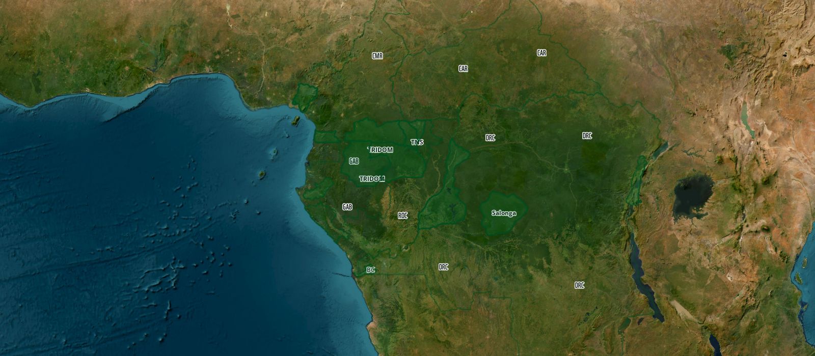 The Congo Basin seen from space with the outlines of the countries and landscapes of the programme