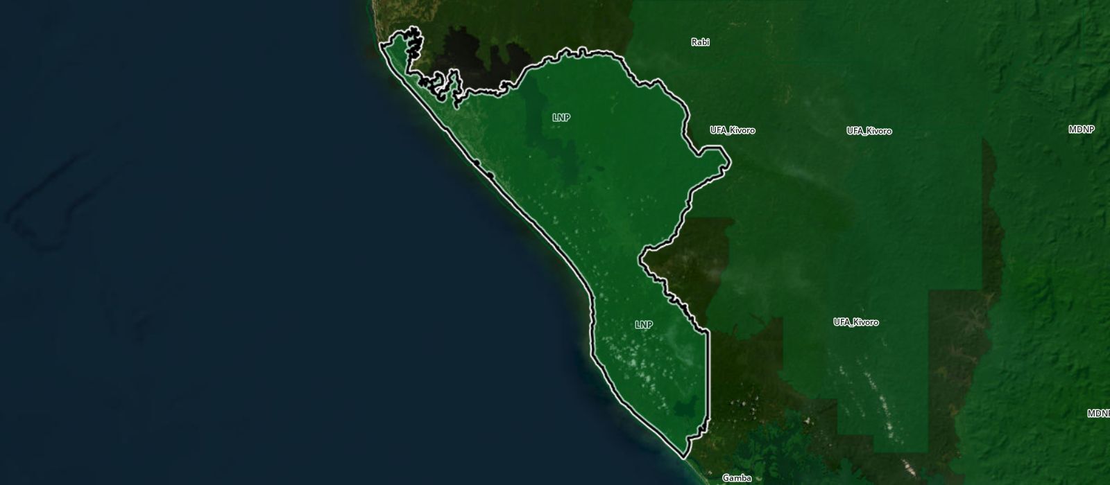 Loango National Park and the Gabonese coast on a satellite image