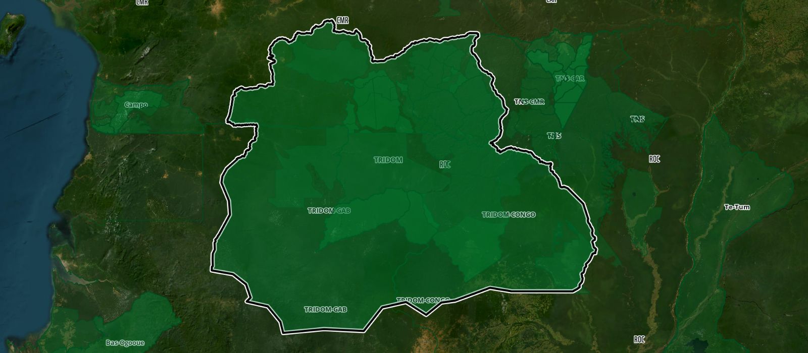 The Dja-Odzala-Minkébé trinational landscape outlined on a satellite image